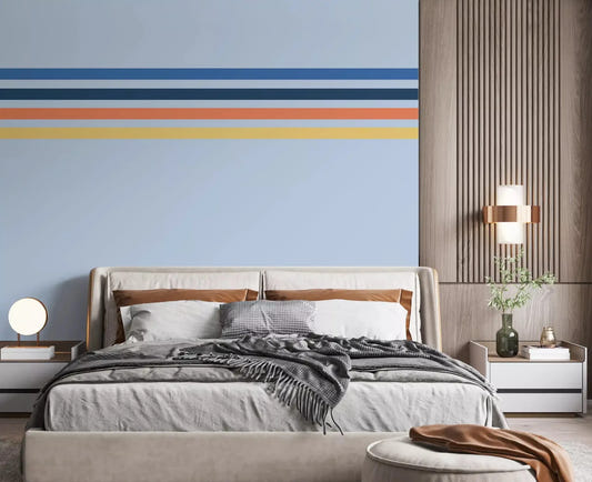 Bedroom styled with Retro Horizon Stripes wall mural and narrow stripe detail