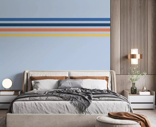 Bedroom styled with Retro Horizon Stripes wall mural and narrow stripe detail