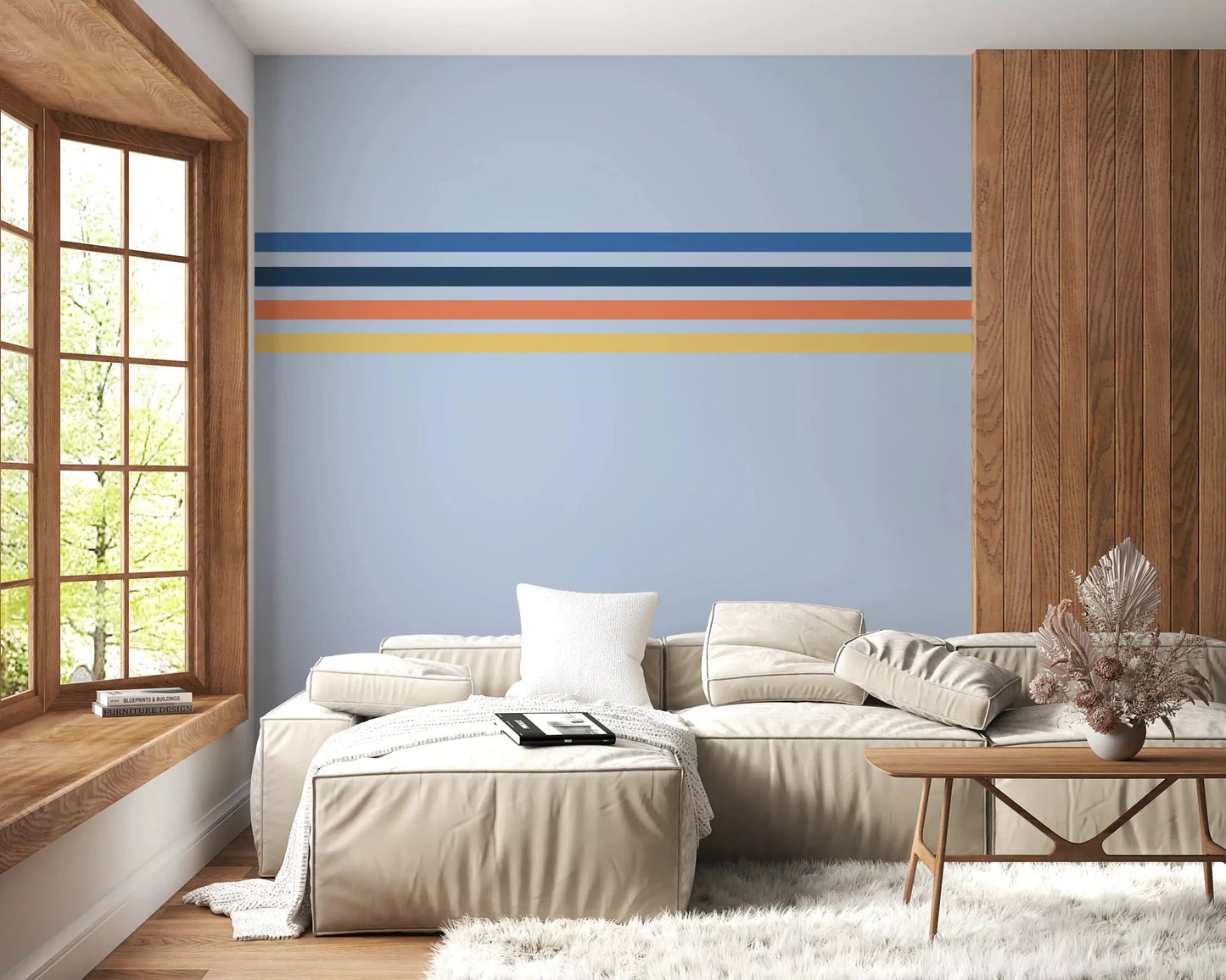 Soft blue wall mural with Retro Horizon Stripes and subtle color contrast, GD9266