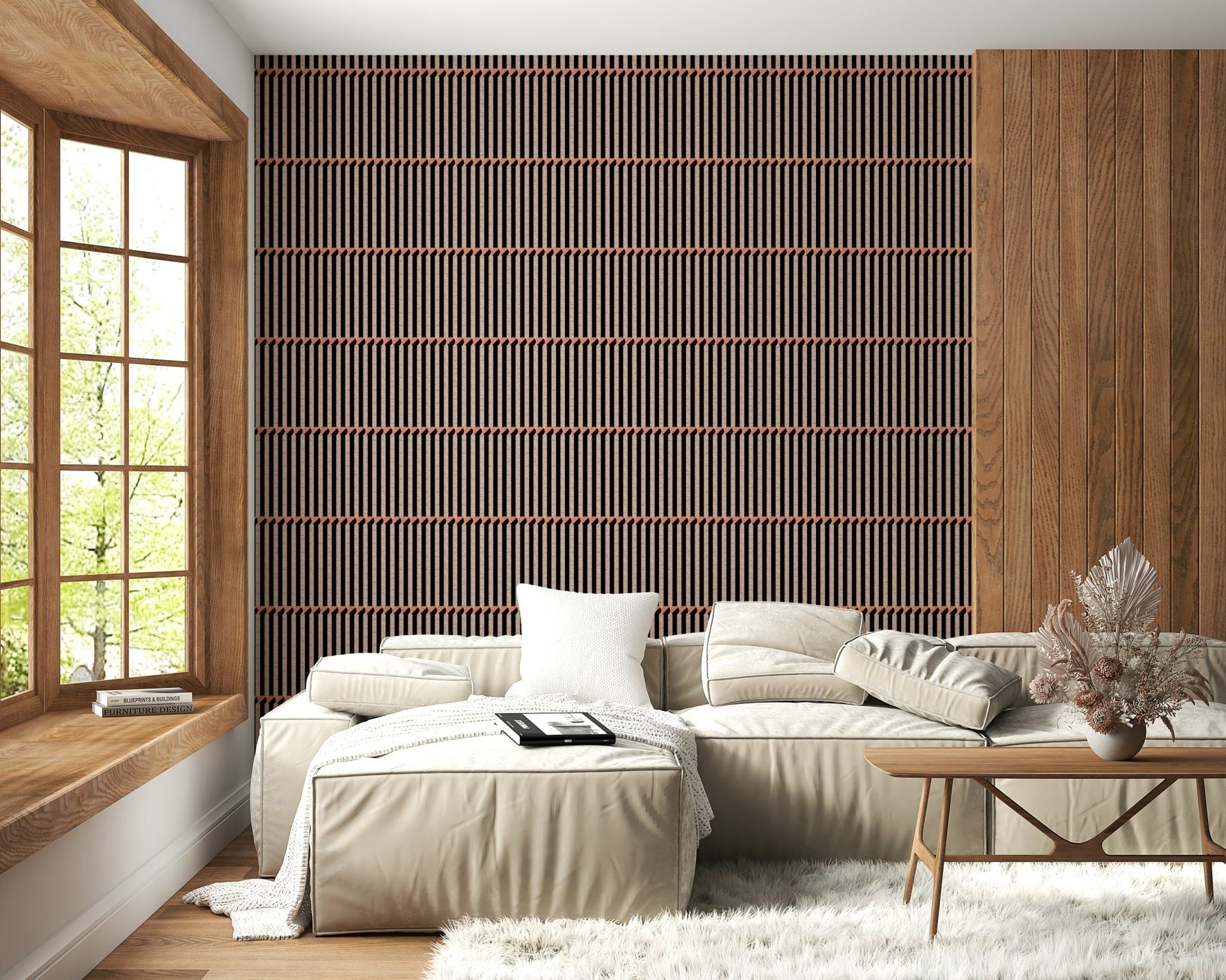 Retro Lines Wallpaper creating a dimensional feature wall with lines.