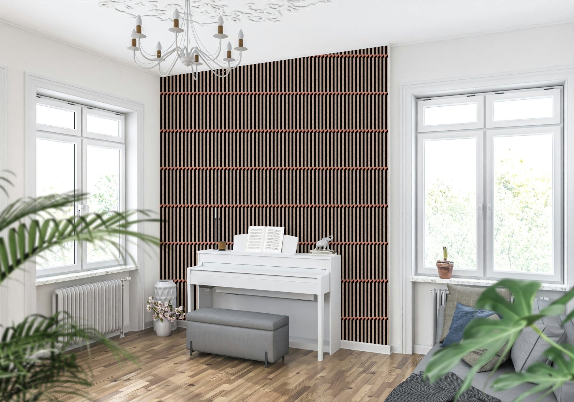 Wide room perspective featuring the dynamic Retro Lines Wallpaper.