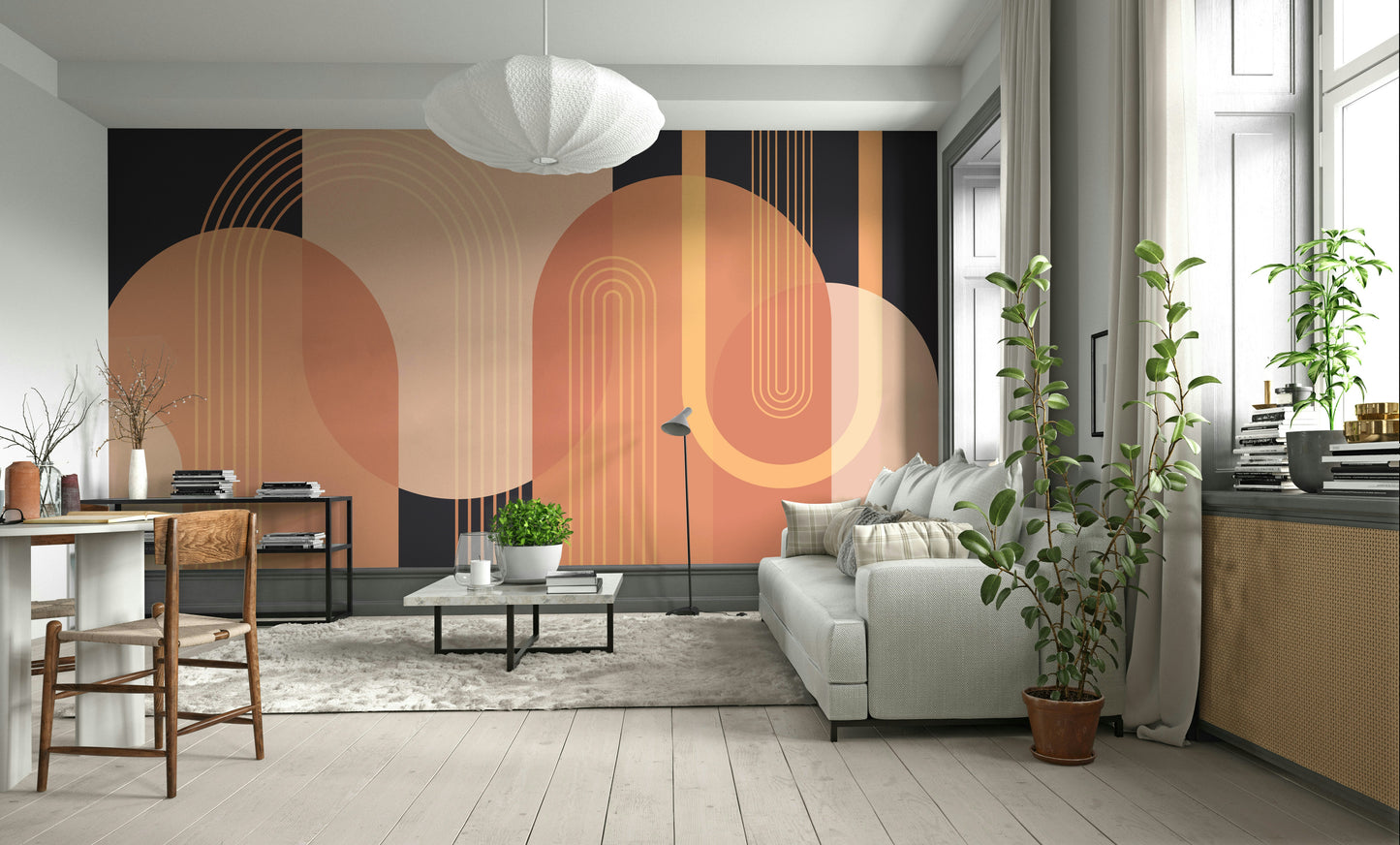 A wall mural of a geometric arch pattern.

