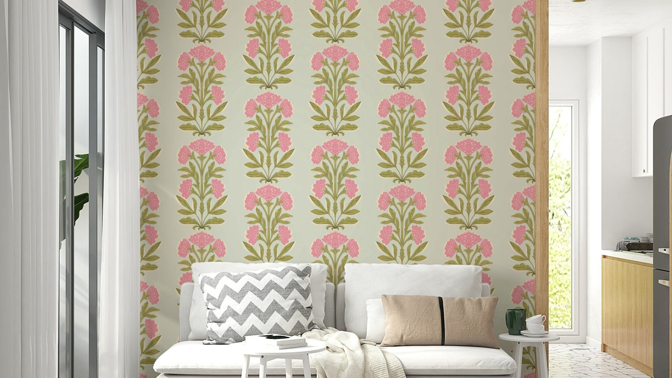 A wall mural of a symmetrical floral and stripe pattern.

