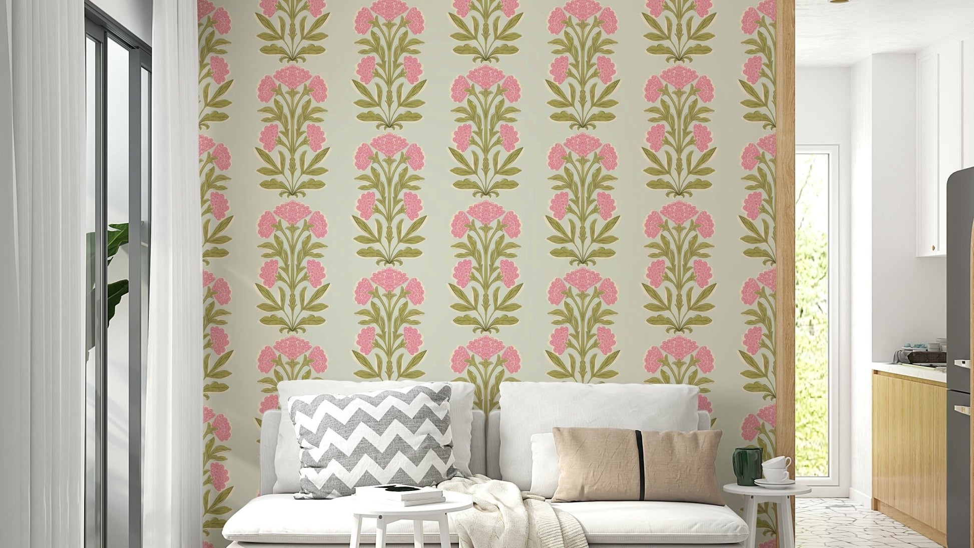 A wall mural of a symmetrical floral and stripe pattern.

