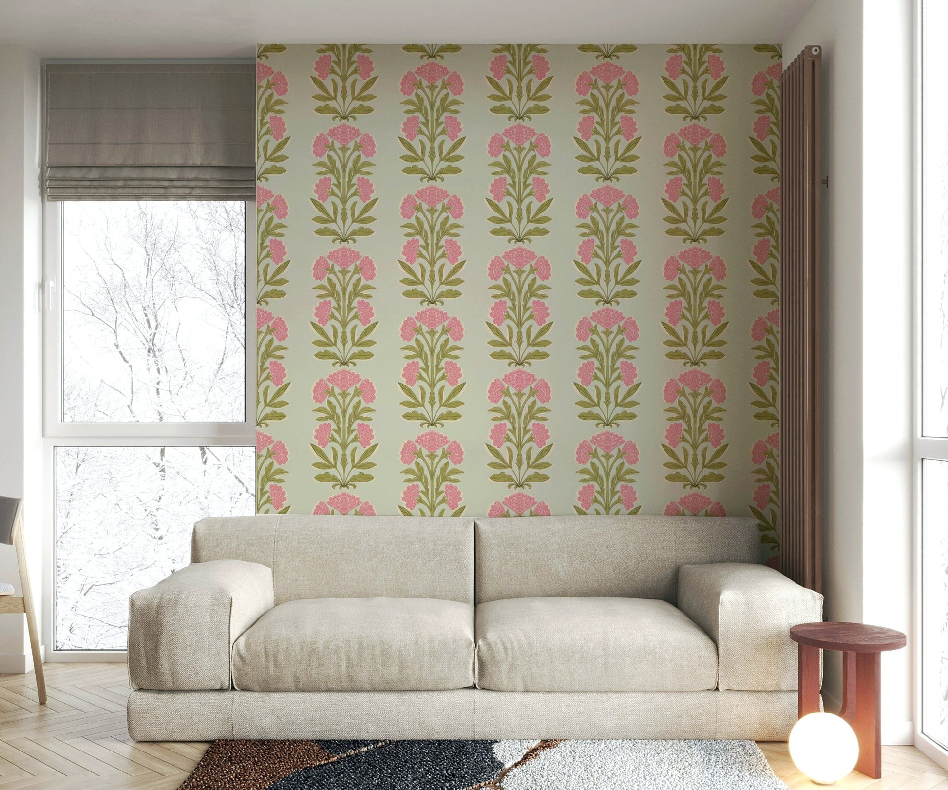The image shows a peaceful, traditional floral pattern with stripes.

