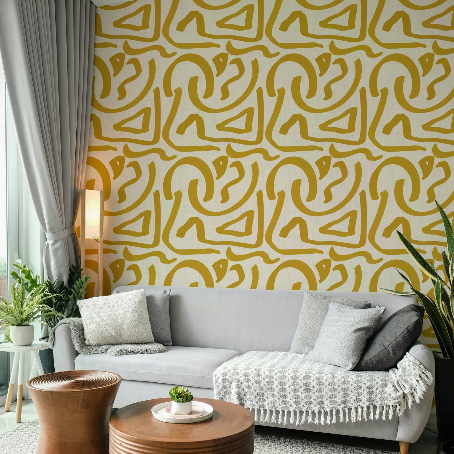 Mid century abstract mustard wallpaper

