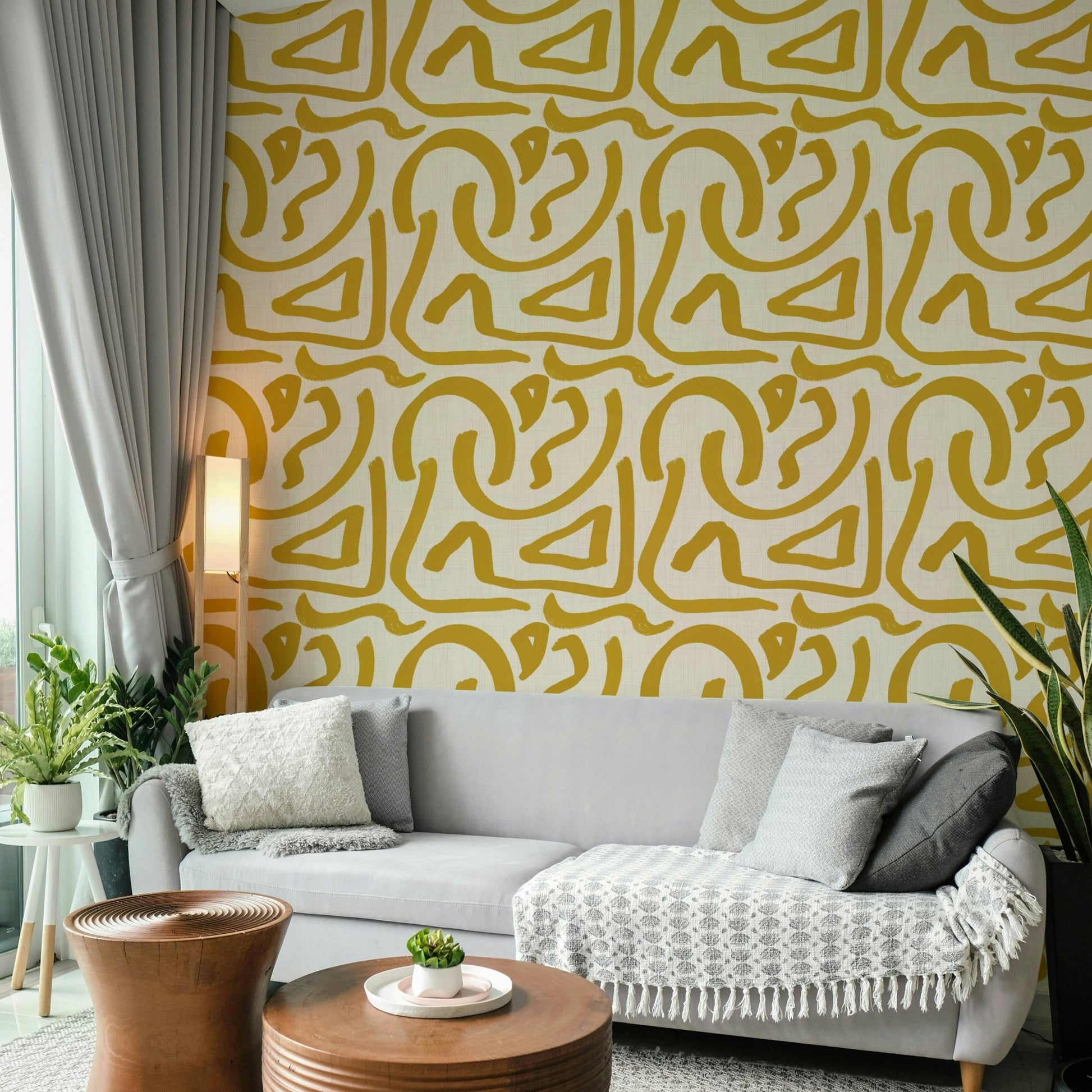 Mid century abstract mustard wallpaper

