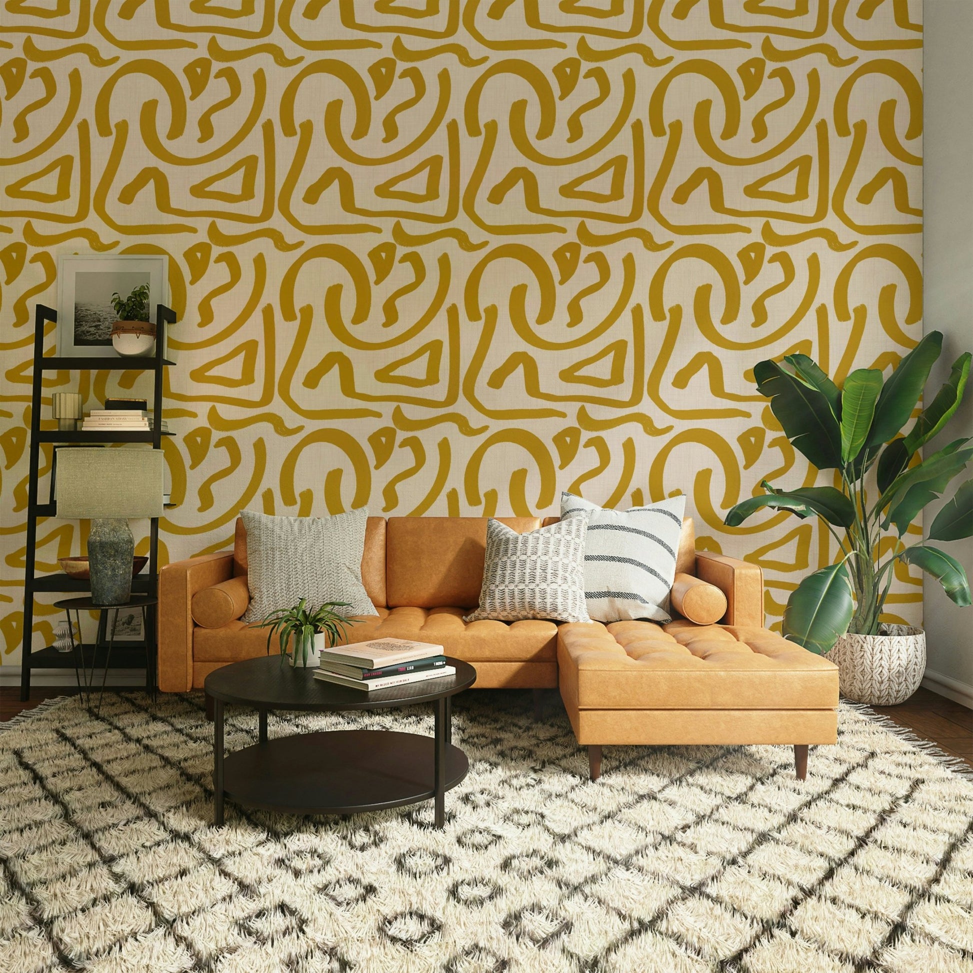 Mustard scribbles mid century wallpaper

