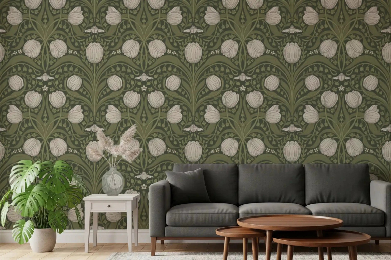Hallway Retro Nouveau Tulips wallpaper with flowing vintage floral pattern