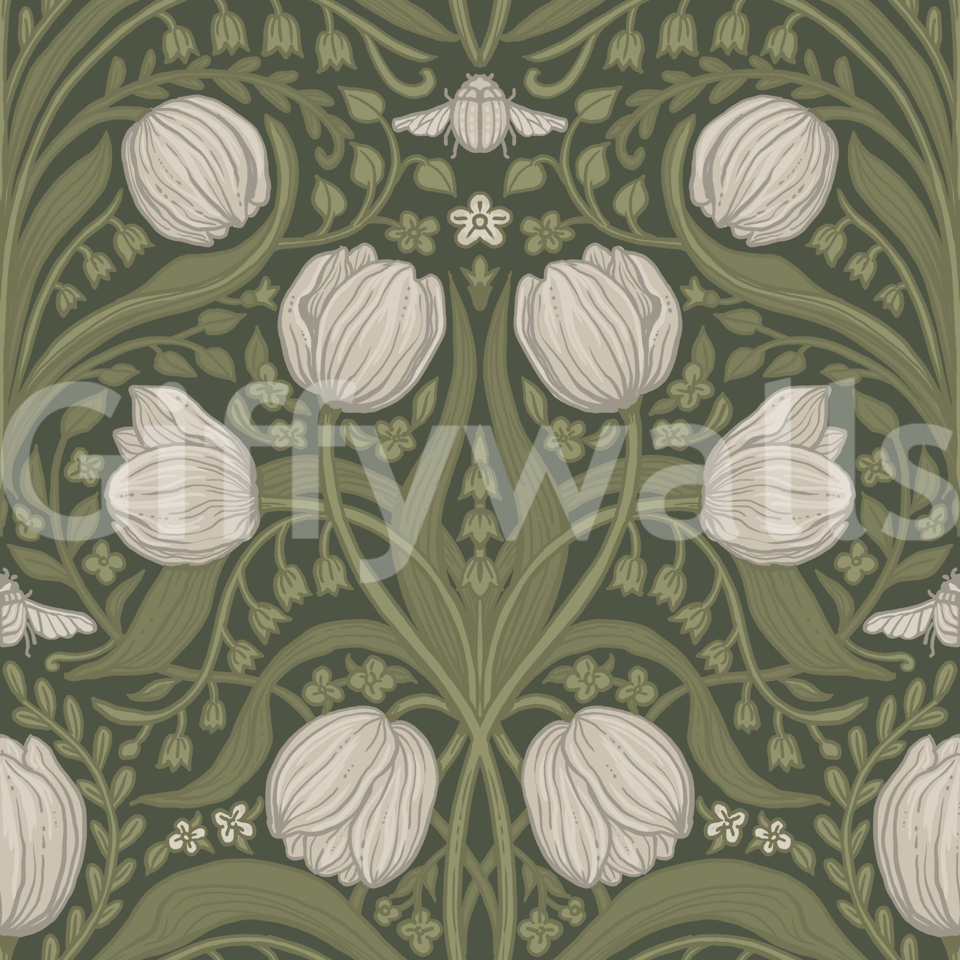 Tulips in orange and teal Wallpaper with art nouveau garden styling, GD9112