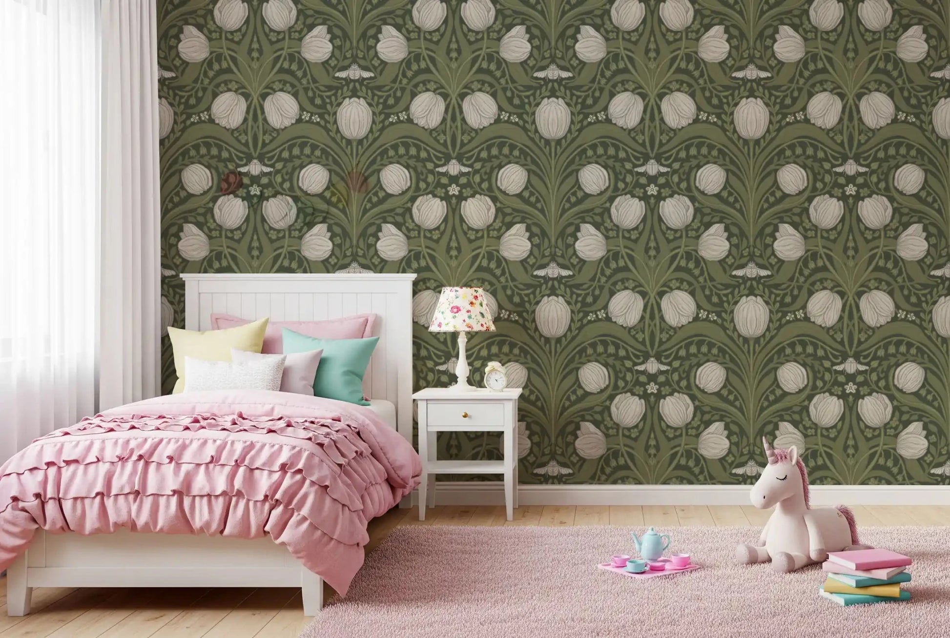 Nouveau Tulips Wallpaper with flowing stems and ornate botanical structure, GD9112
