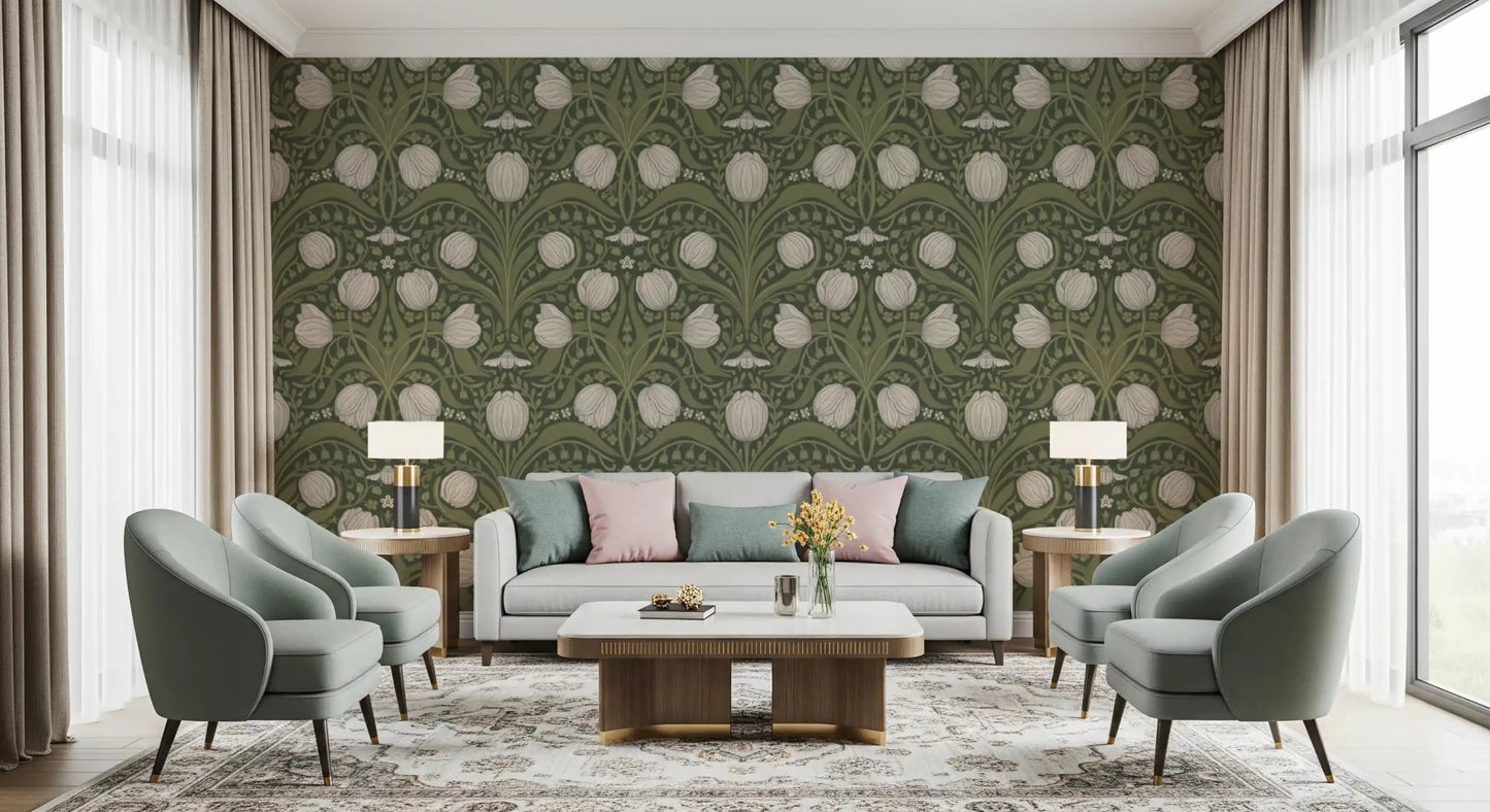 Retro Nouveau Wallpaper in an elegant repeating tulip garden motif, GD9112