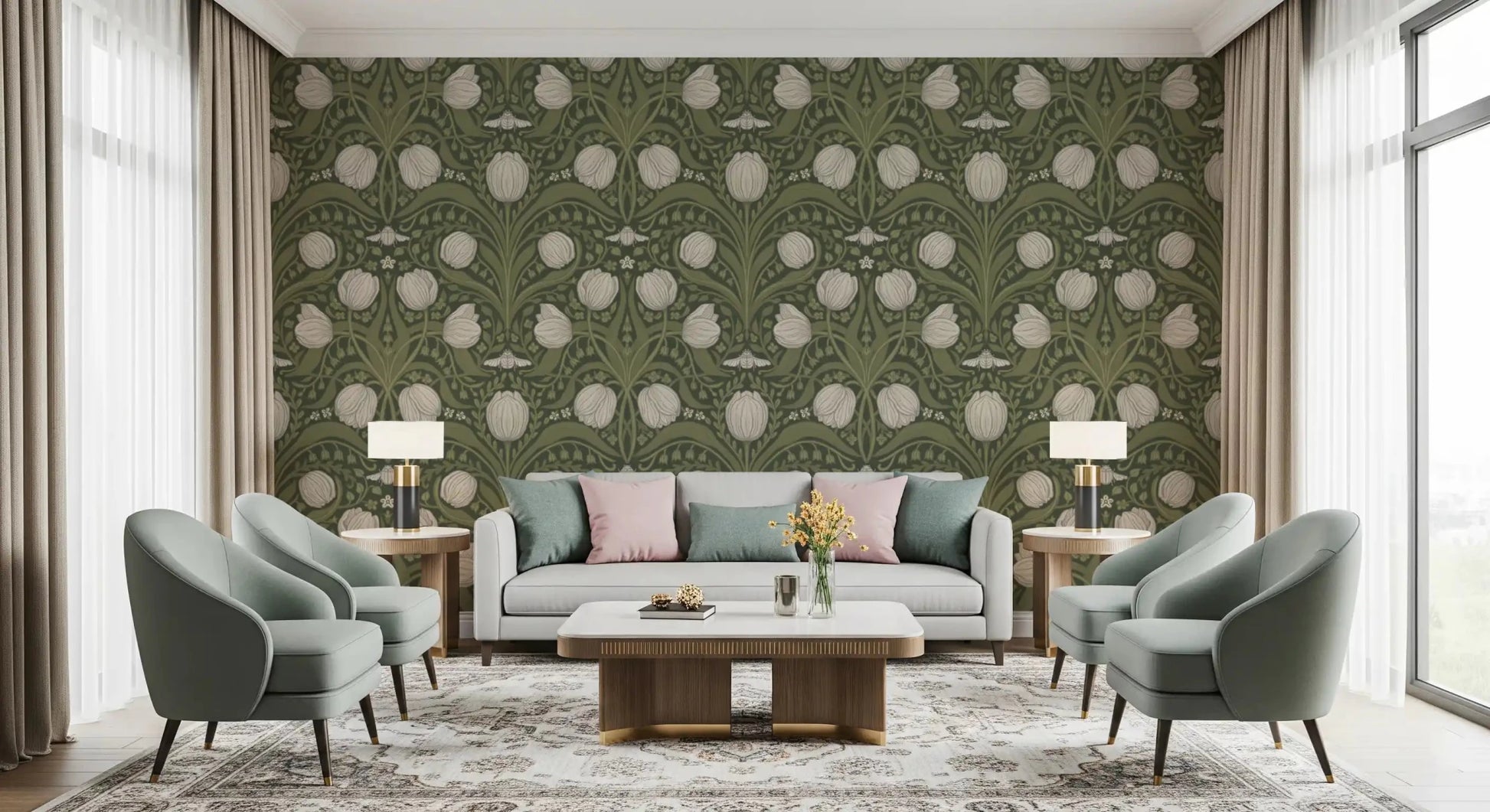 Retro Nouveau Wallpaper in an elegant repeating tulip garden motif, GD9112