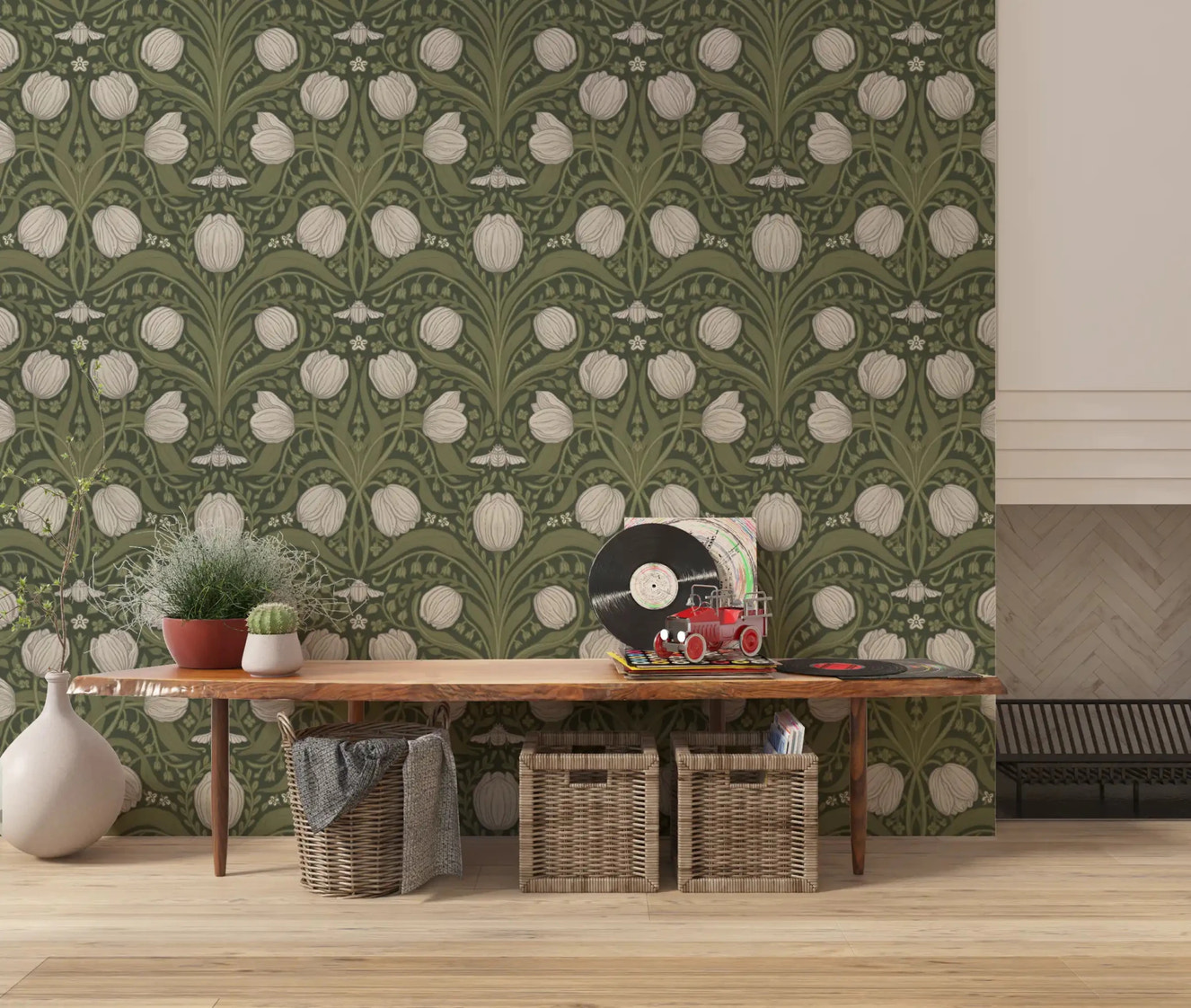 Retro Nouveau Tulips in orange and teal Wallpaper⁠