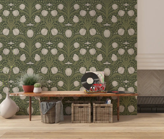 Home Nouveau Tulips Wallpaper in an ornamental botanical repeat design