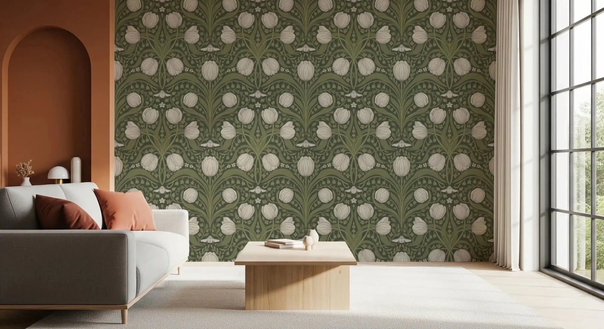 Home Office Retro Nouveau Wallpaper in a symmetrical tulip pattern layout, GD9112