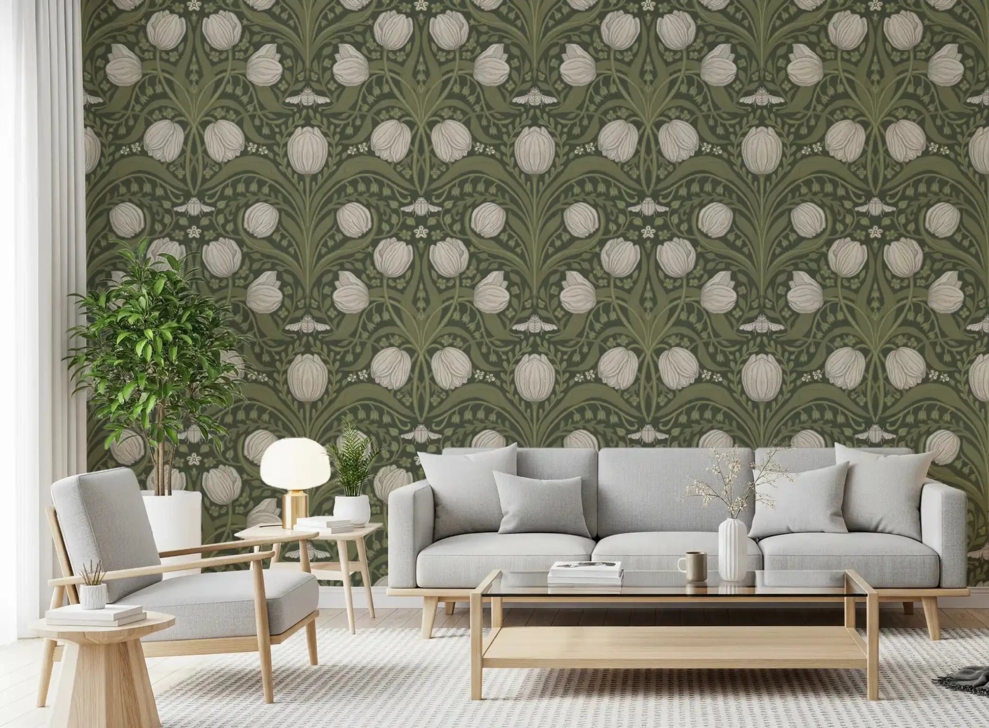 Tulips Wallpaper with decorative floral symmetry and vintage linework, GD9112
