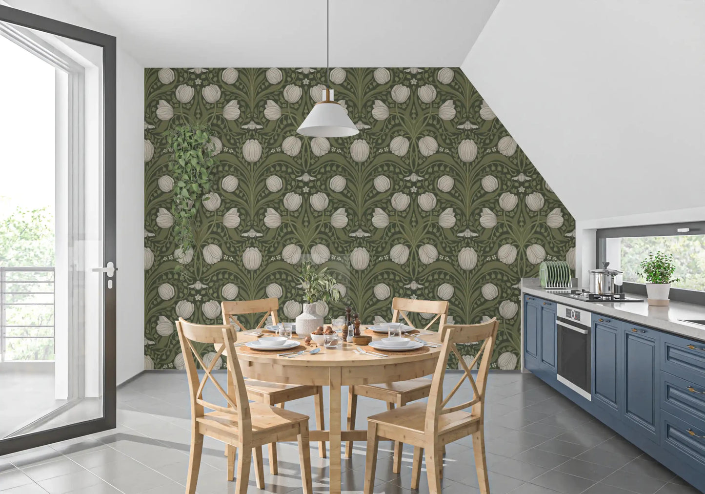 Retro Nouveau Tulips wallpaper featuring layered blooms and scrolling leaves, GD9112