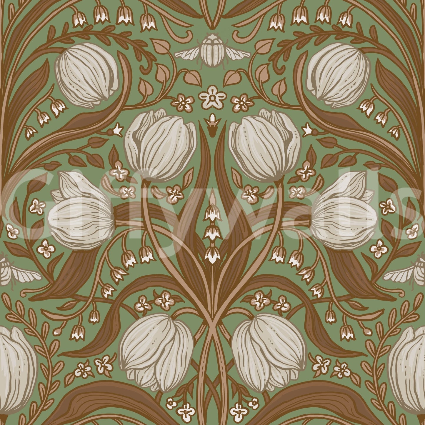 Tulips in sage and brown Wallpaper with classic ornamental styling