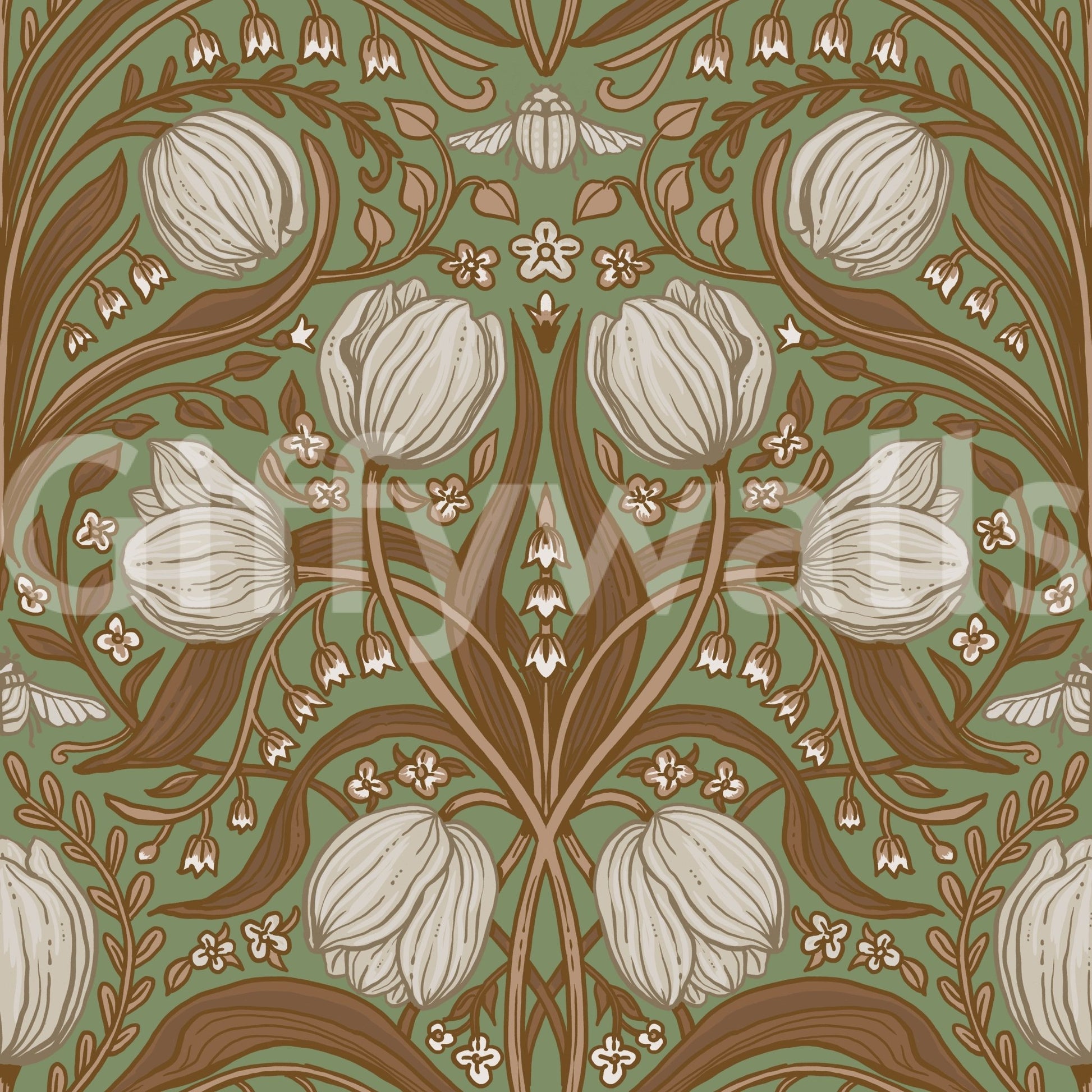 Tulips in sage and brown Wallpaper with classic ornamental styling