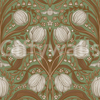 Tulips in sage and brown Wallpaper with classic ornamental styling