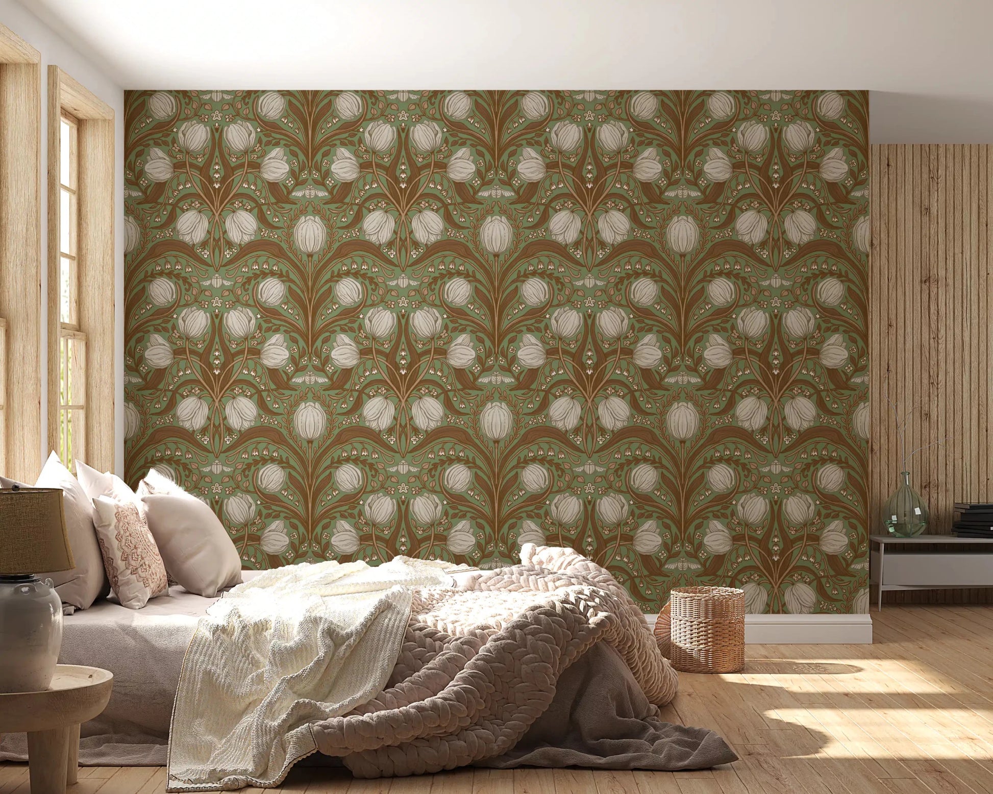 Retro Nouveau Wallpaper in elegant sage and brown pattern