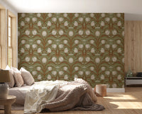 Retro Nouveau Wallpaper in elegant sage and brown pattern