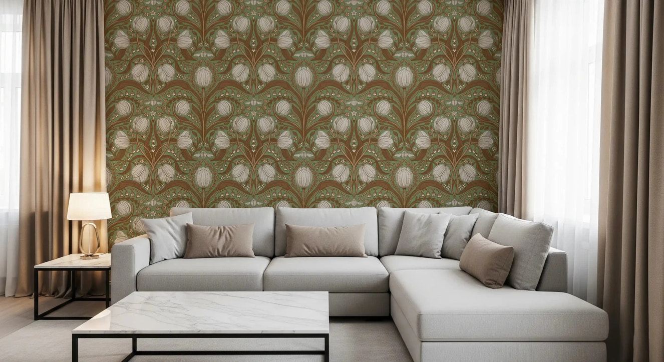 Retro Nouveau Tulips in sage and brown Wallpaper⁠
