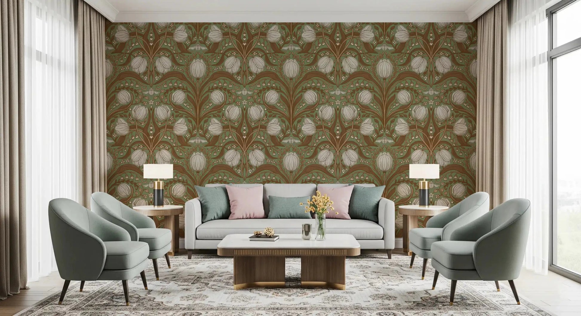 Tulips Wallpaper with decorative floral repeat and curved vines