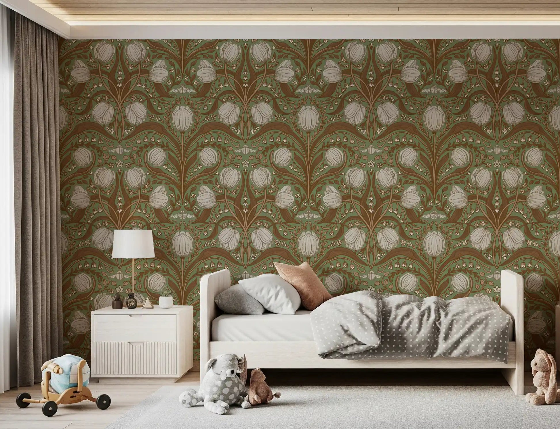 Bedroom Retro Nouveau Wallpaper in sage green floral layout