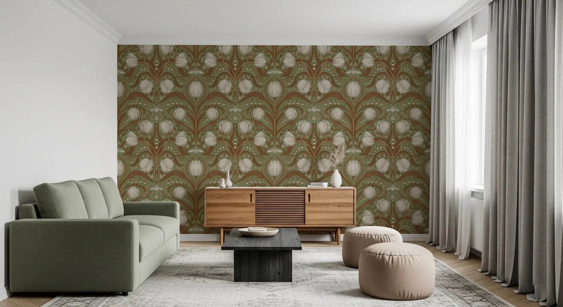 Hallway Nouveau Tulips Wallpaper in brown vines and tulip repeat