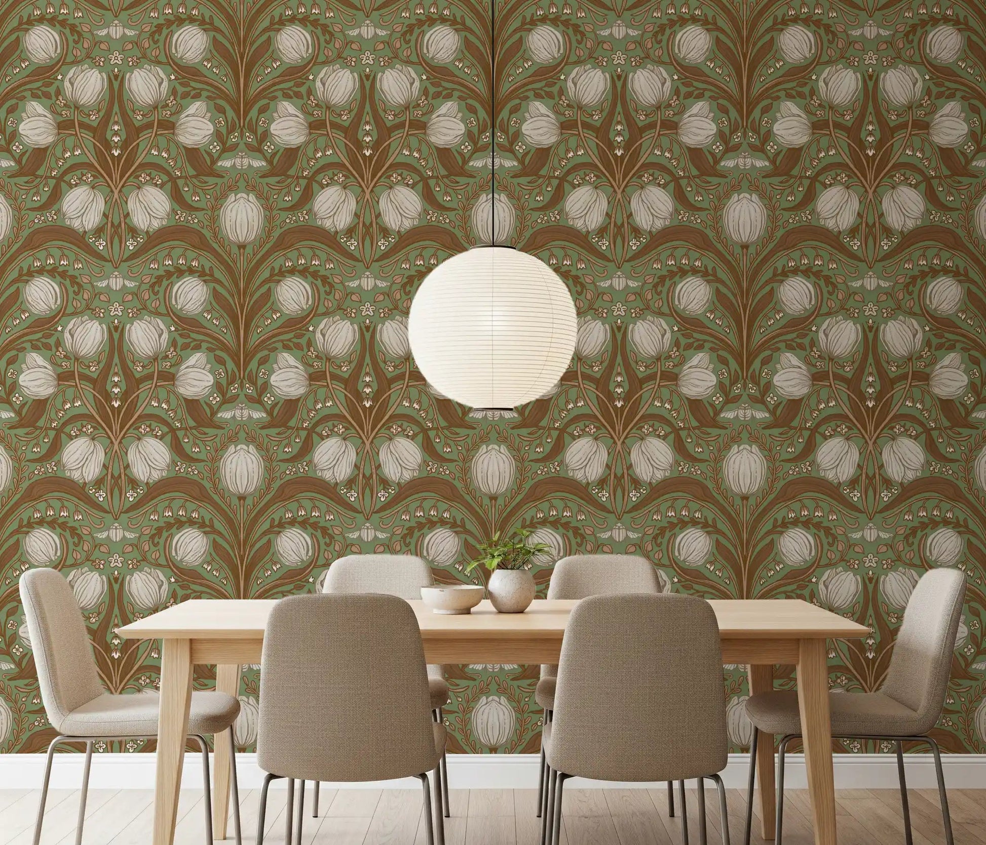 Dining room Retro Nouveau Tulips wallpaper with sage floral vintage pattern