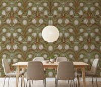 Dining room Retro Nouveau Tulips wallpaper with sage floral vintage pattern
