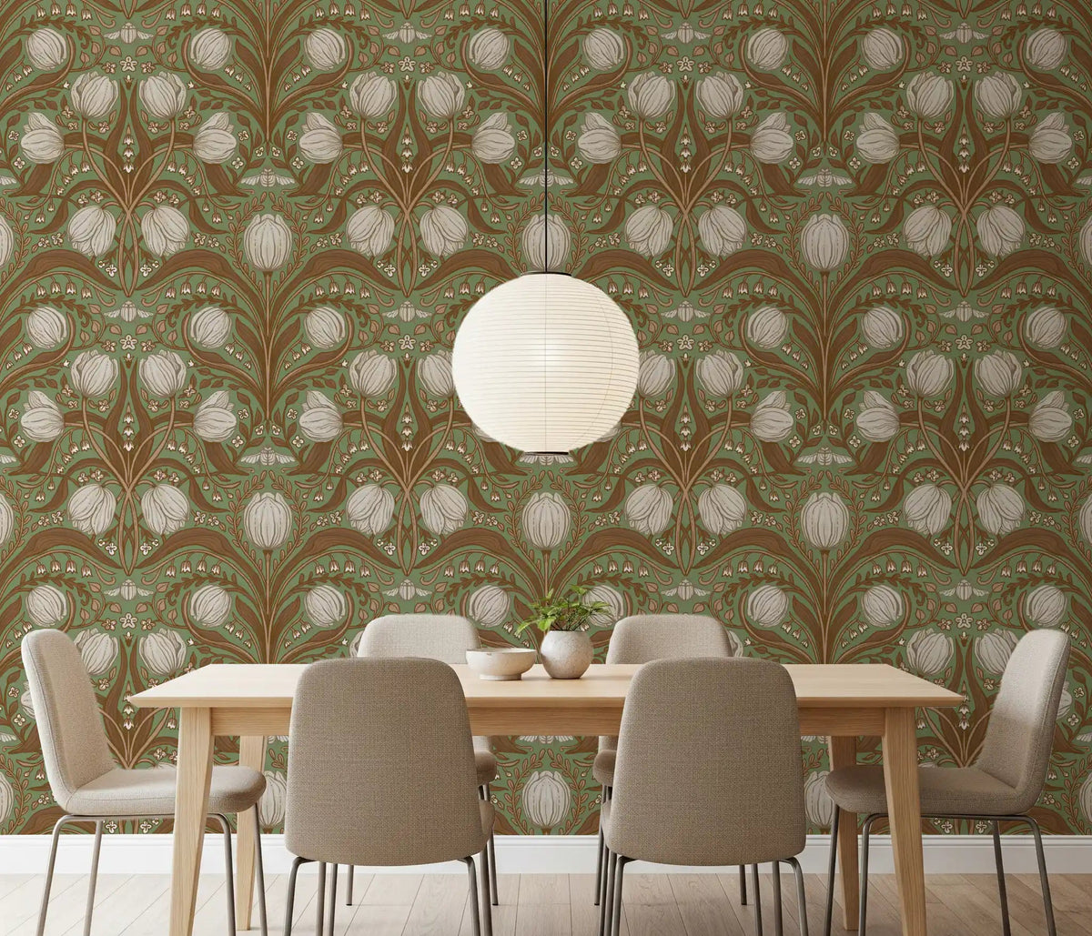 Dining room Retro Nouveau Tulips wallpaper with sage floral vintage pattern, GD9111