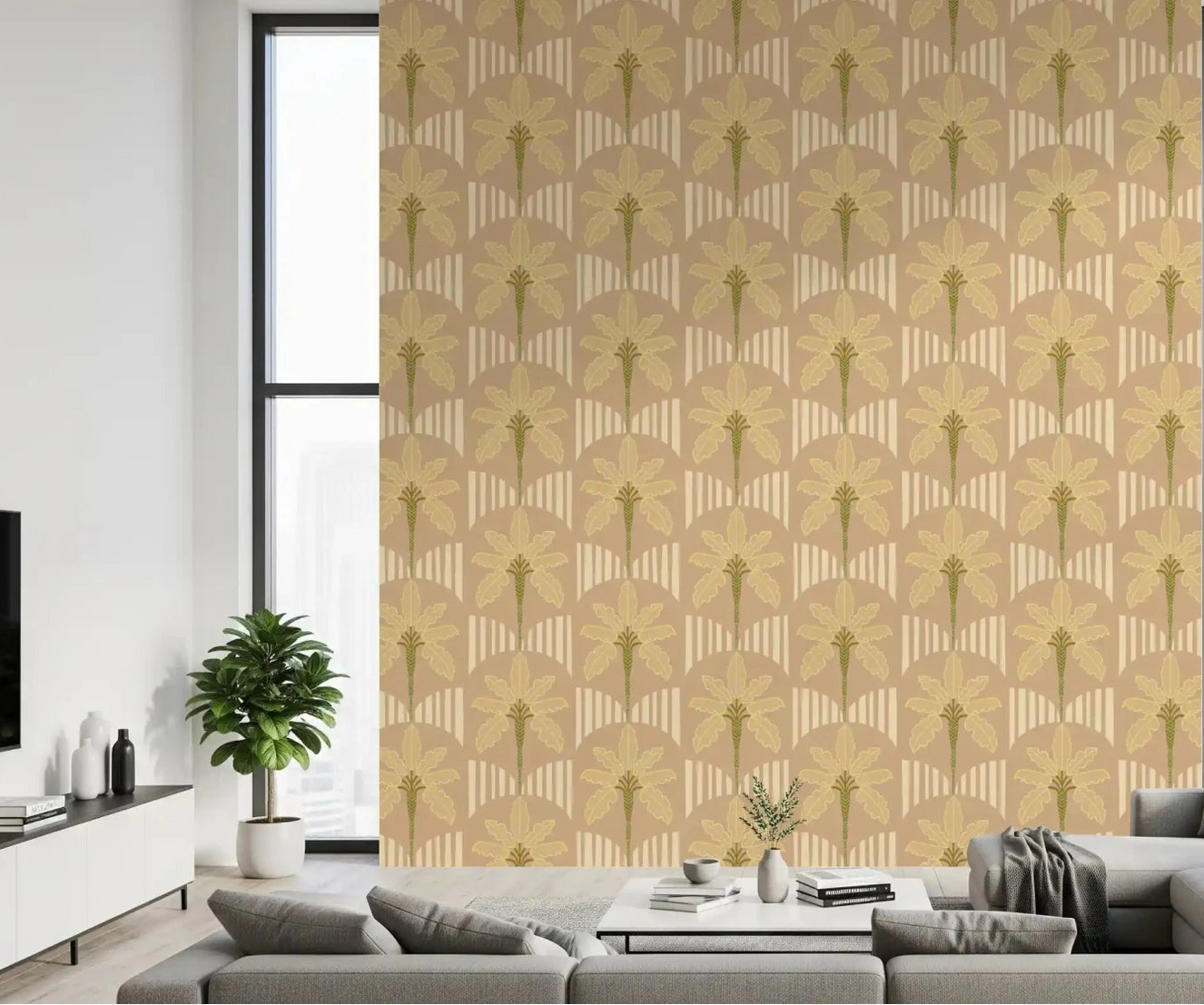 Beige wallpaper with tropical palm forms and clean mid-century styling