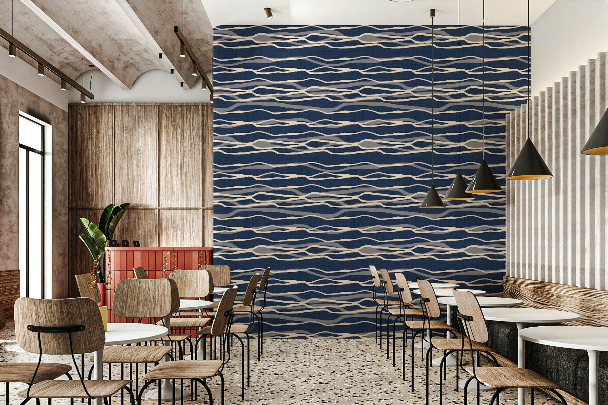 Wallpaper for walls with wave-inspired stripes
