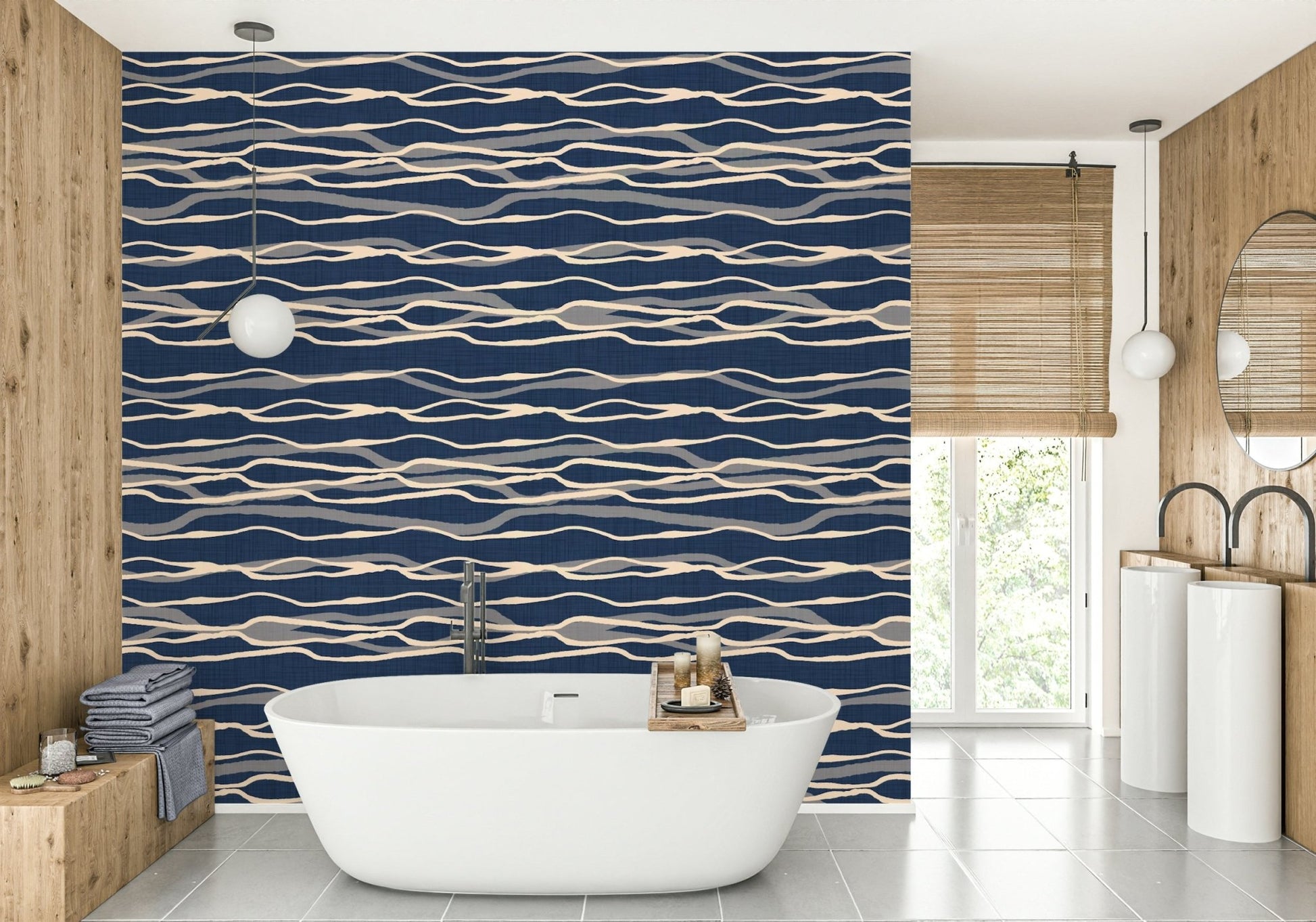 Ocean blue and beige wallpaper for bathrooms
