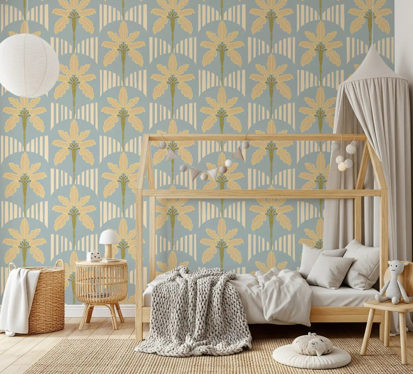 kids Bedroom feature finished in Retro Palm Oasis Pattern wallpaper with golden fronds
