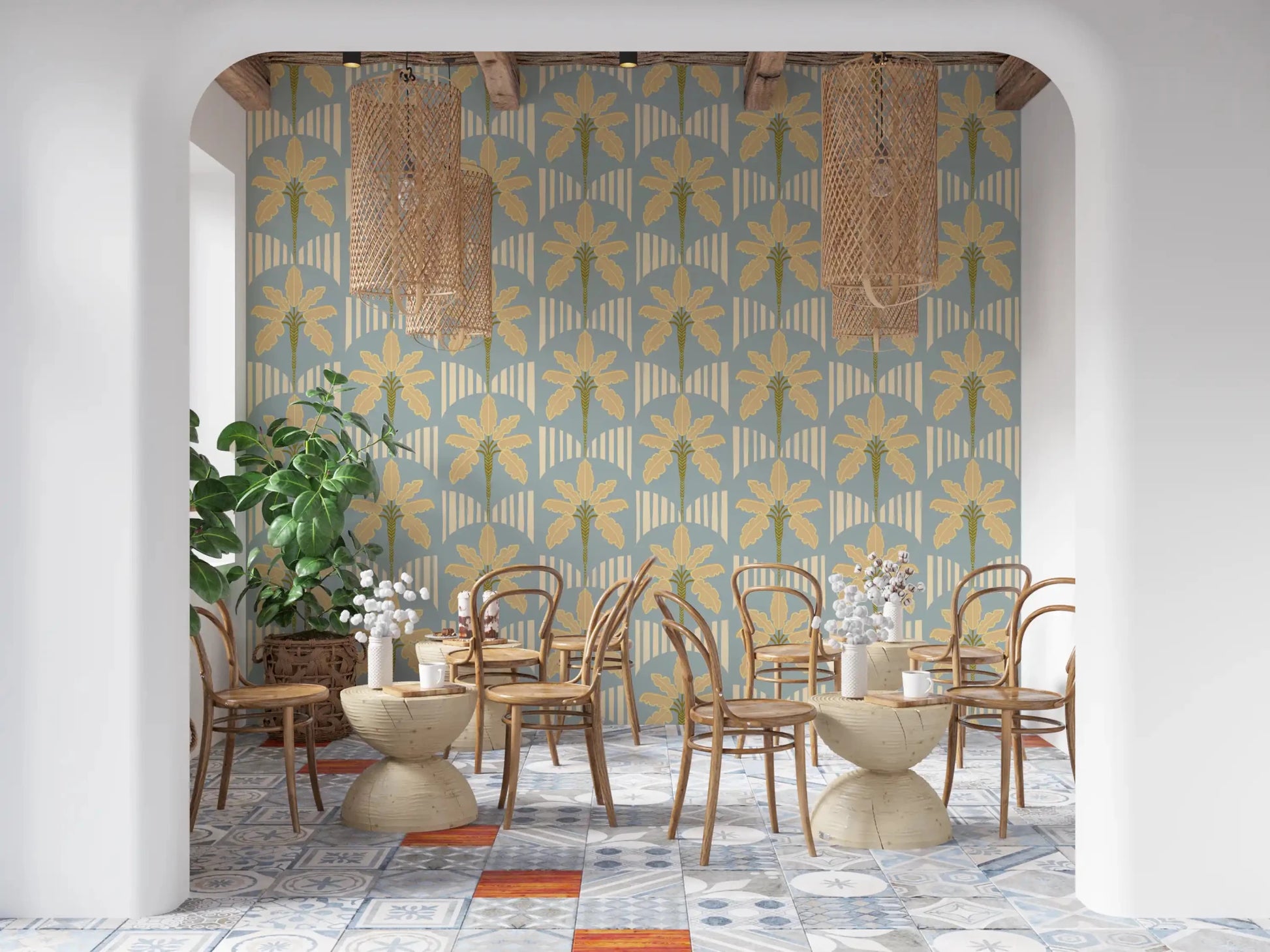 Retro Palm Oasis Pattern Wallpaper⁠