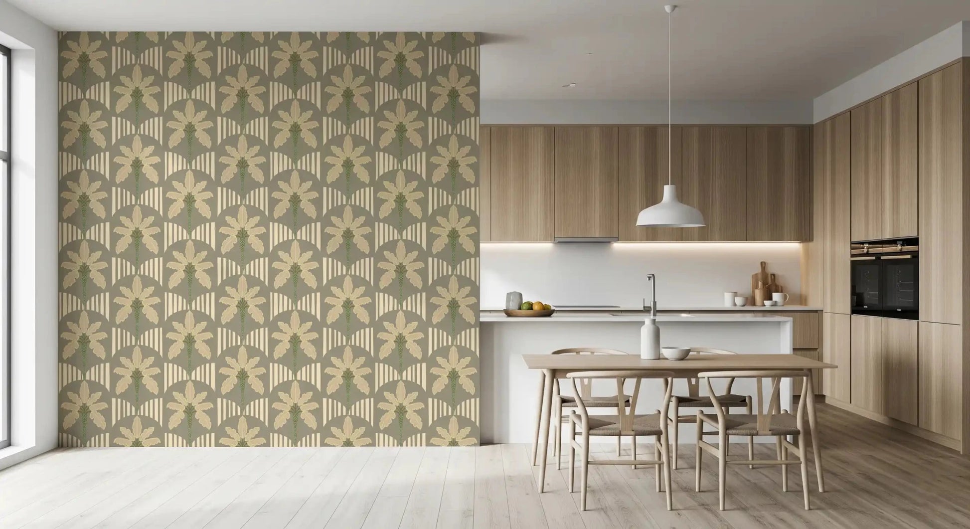 Pattern wallpaper with repeated palms, pale lines, and calm spacing, GD9079