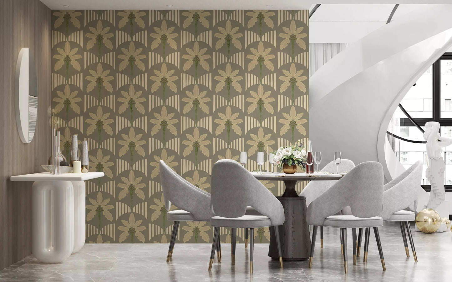 Dining area wallpaper with muted palm shapes and curved stripe detail, GD9079