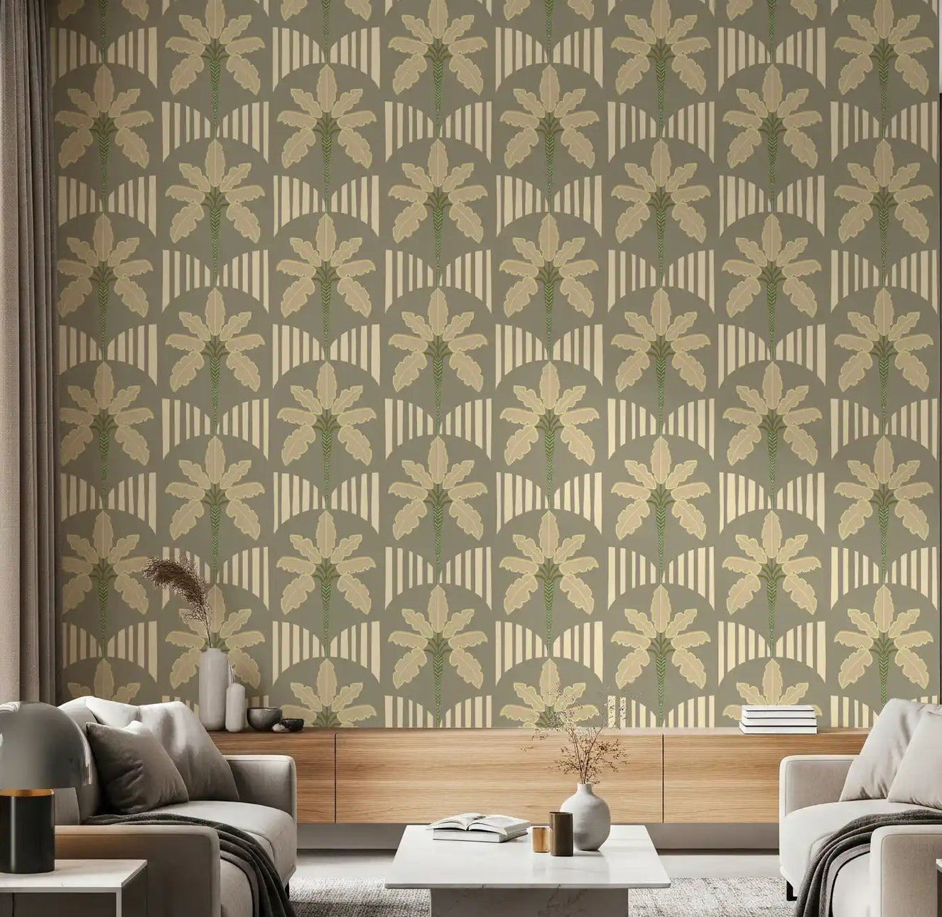 Living room Retro Palm Oasis Wallpaper with soft tropical leaf lines