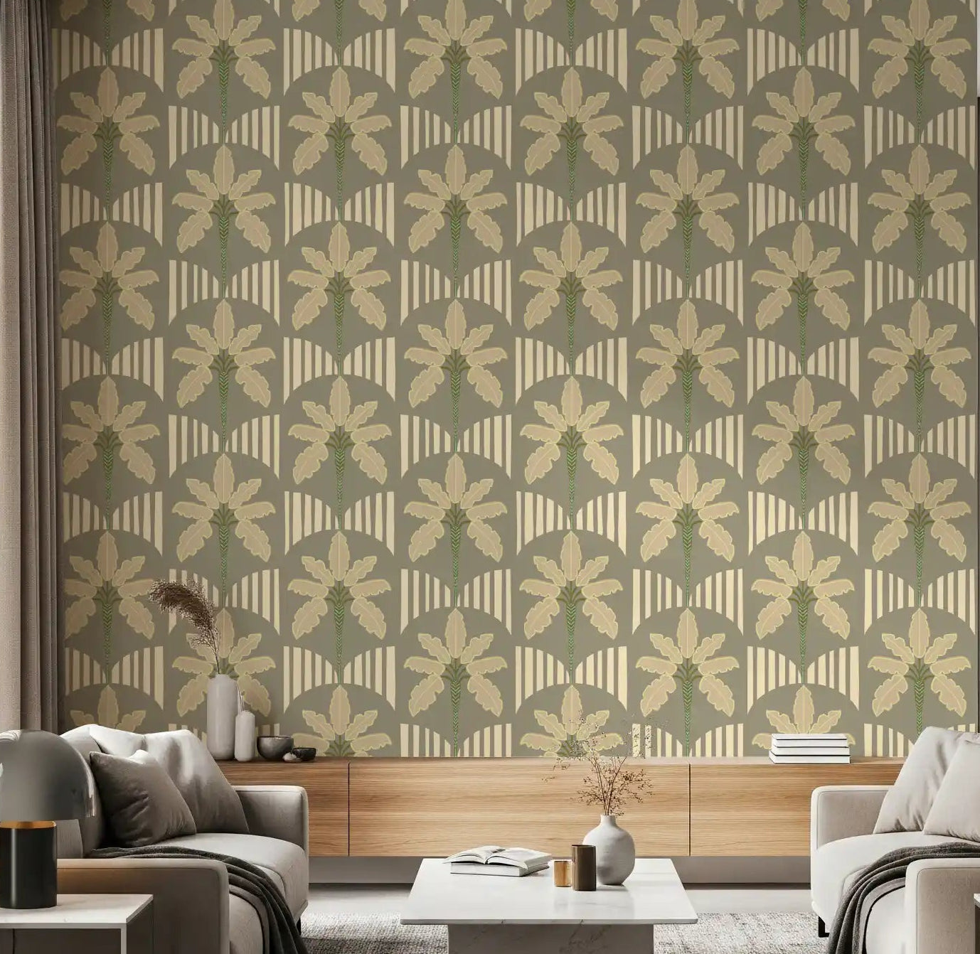 Living room Retro Palm Oasis Wallpaper with soft tropical leaf lines, GD9079