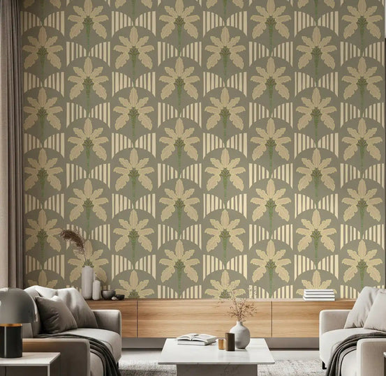 Living room Retro Palm Oasis Wallpaper with soft tropical leaf lines, GD9079