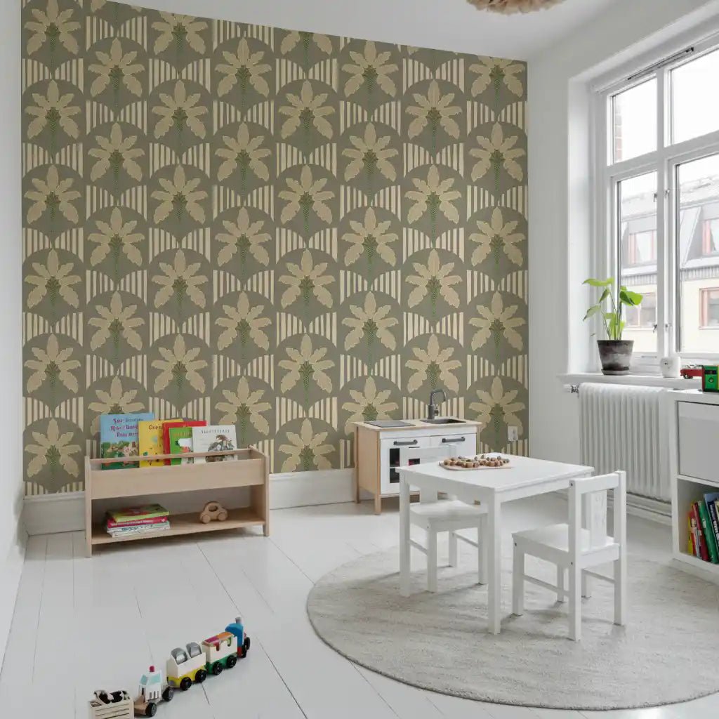 Tropical leaf wallpaper with clean palm stems and arched stripe accents, GD9079