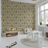 Tropical leaf wallpaper with clean palm stems and arched stripe accents, GD9079