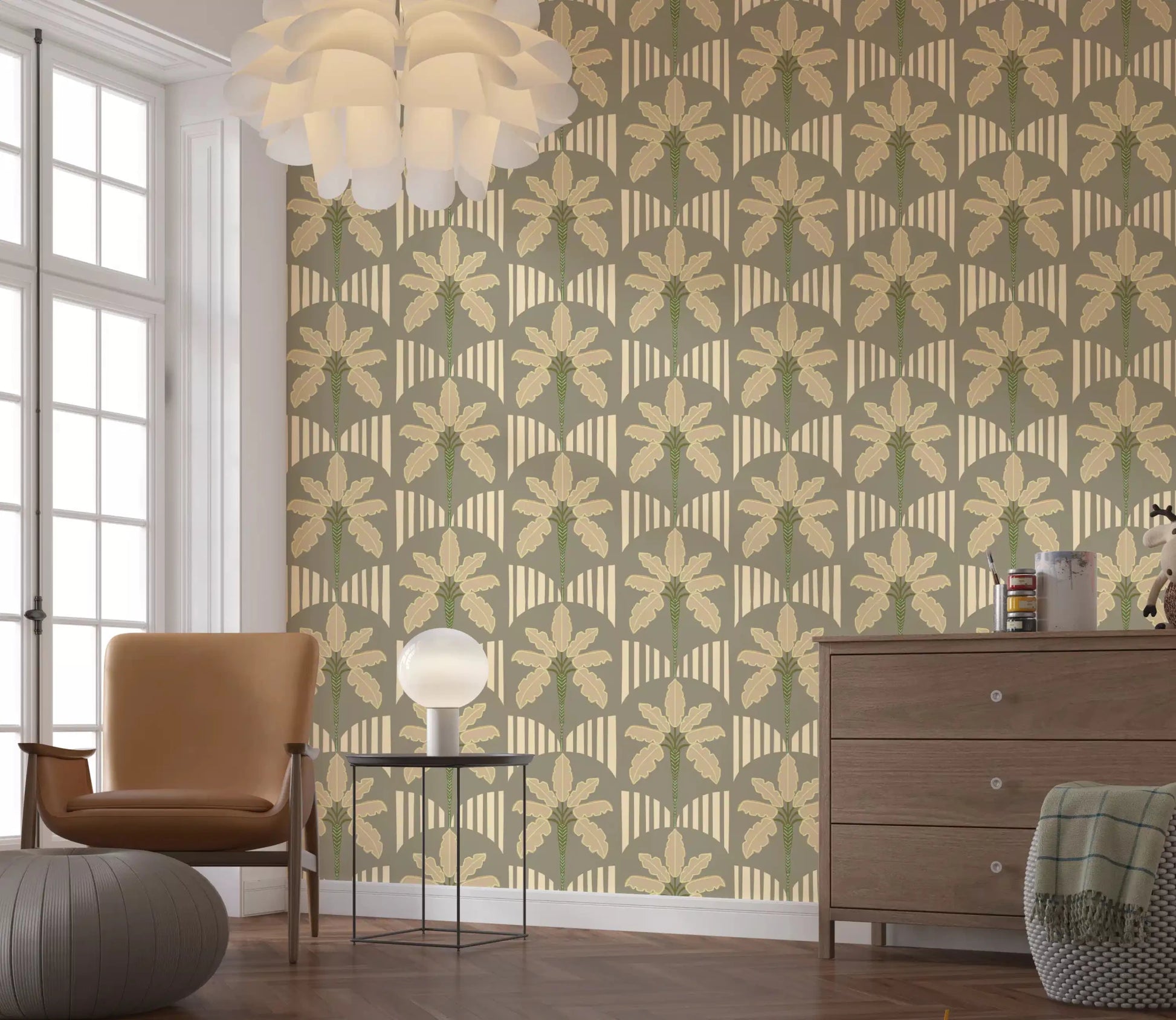Home Retro Palm Oasis pattern in green-beige tropical styling, GD9079