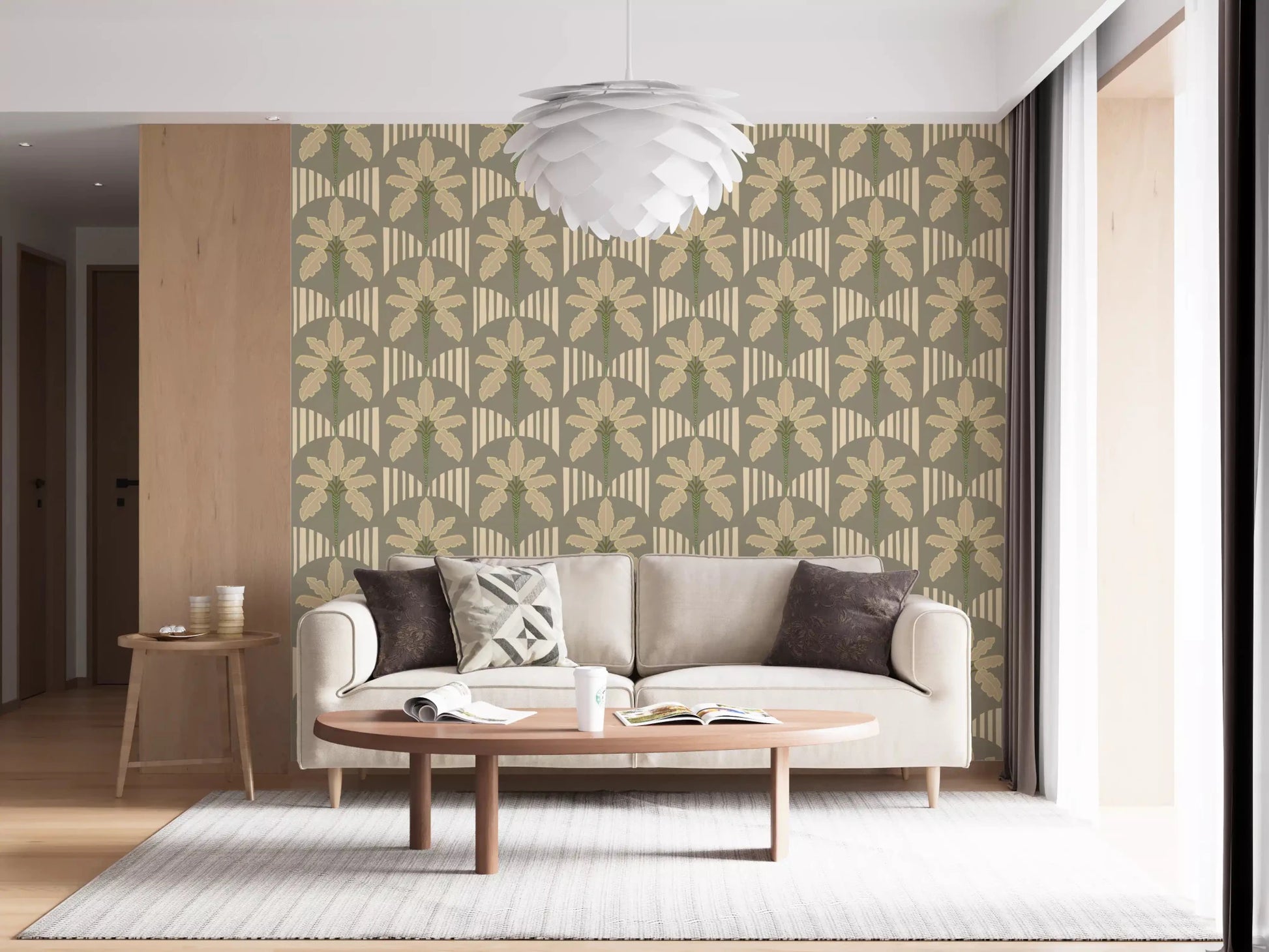 Retro Palm Oasis Wallpaper showing pale yellow leaves on muted base, GD9079
