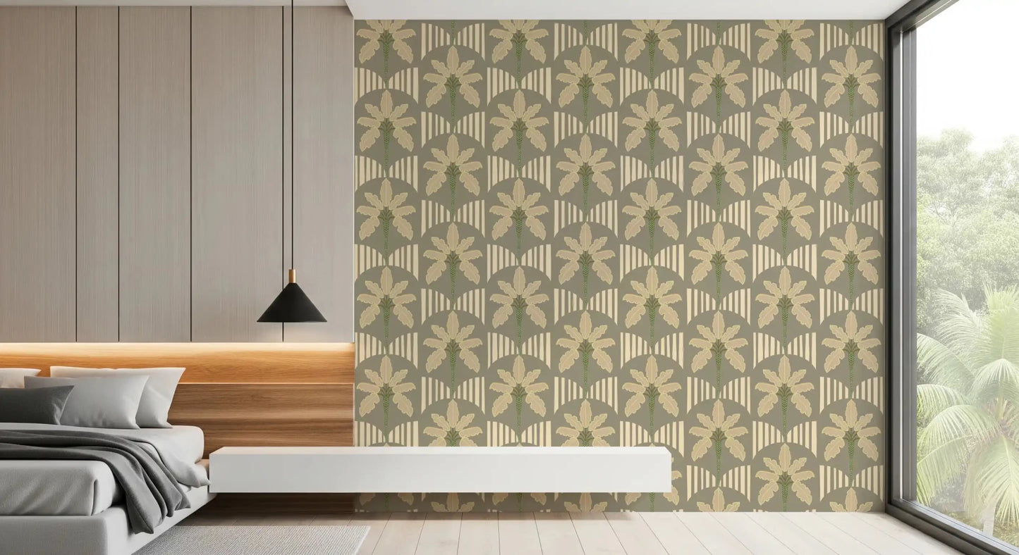 Muted beige green wallpaper with retro palm oasis pattern artwork, GD9079