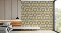Muted beige green wallpaper with retro palm oasis pattern artwork, GD9079